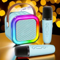 Бездротова Bluetooth-колонка з караоке, 2 мікрофони, підсвітка, радіо, акумуляторна портативна акустика