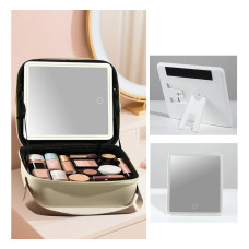 Сумка-органайзер для косметики з дзеркалом і LED-підсвіткою, бежева