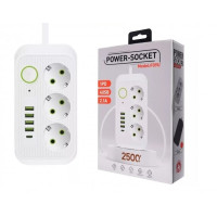 Мережевий фільтр Power Socket F09U 3 розетки, 4 USB + Type-C, 2 м, чорний/білий