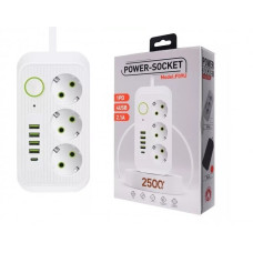 Мережевий фільтр Power Socket F09U 3 розетки, 4 USB + Type-C, 2 м, чорний/білий