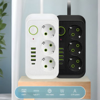 Мережевий фільтр розгалужувач розетки подовжувач на 3 розетки 5 USB з Type-C кабель 2 м Чоний/ Білий